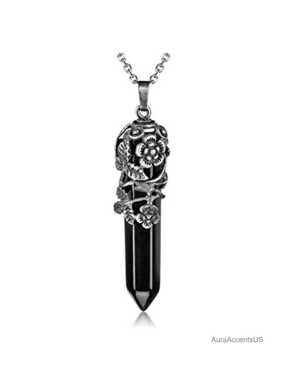 Natural Black Agate Healing Crystal Pendant Necklace 24'' Antique Silver Wrap